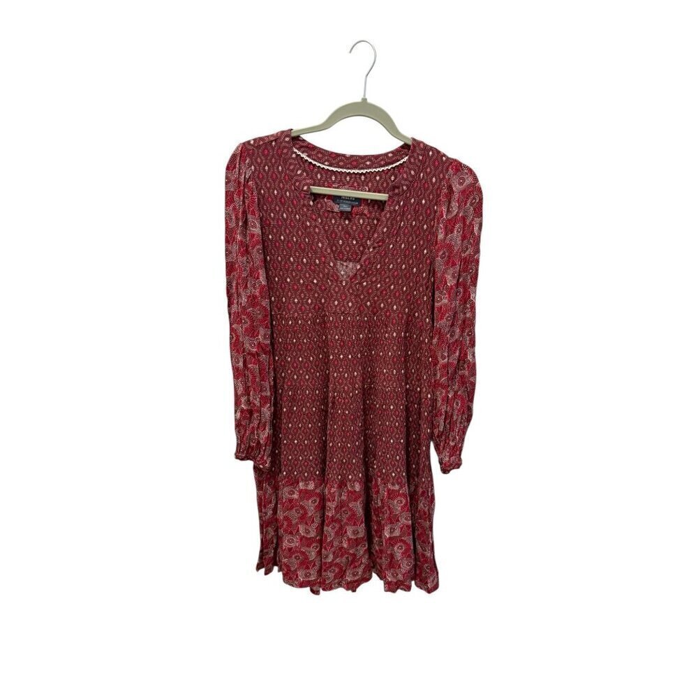 Maeve By Anthropologie Red/White Patterned Long Sleeve Dress Size S 100% Cotton